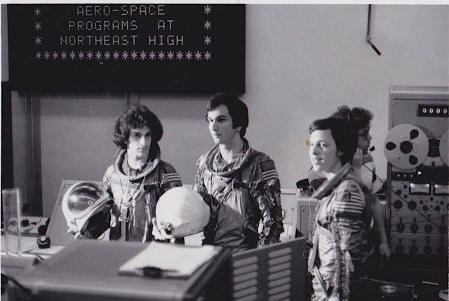 Black ad white photo of Capt. Dicht and two other fellow high school students after a 24-hour spaceflight simulation