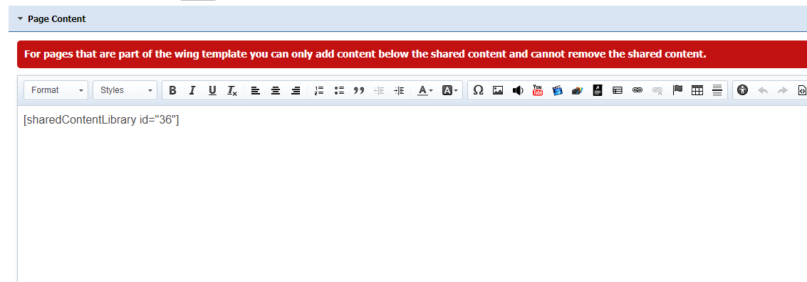 Page Editor with Shared Content Library short code in SiteViz admin site